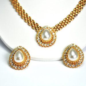 Vintage gold plated, faux pearl and rhinestone necklace and earrings
